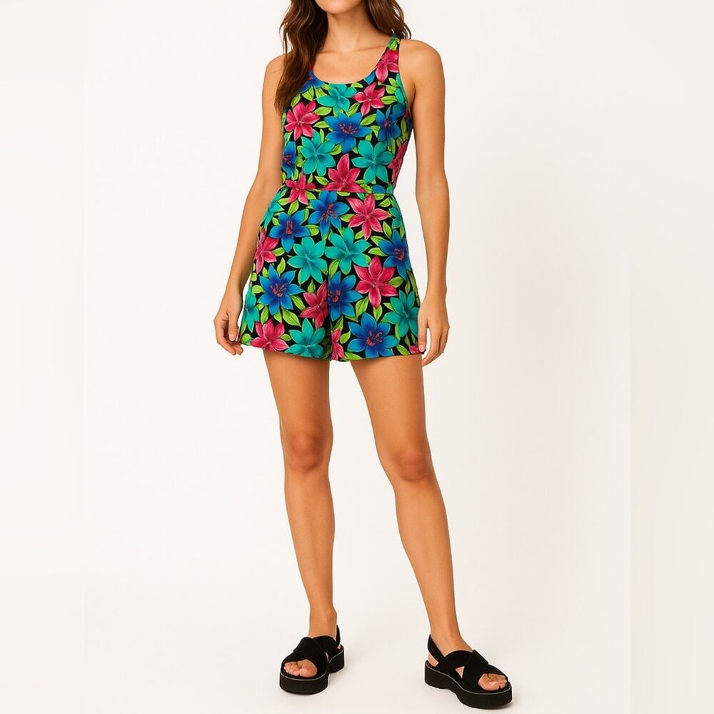VINTAGE KATHIE LEE Floral Romper | Large | Crisscross Back | 90s Retro One Piece